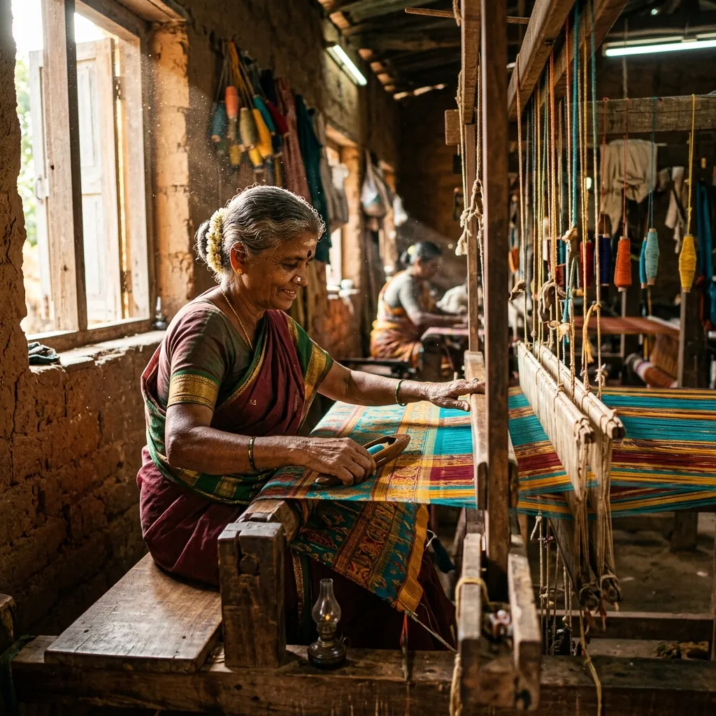 Artisan weaver at work on a traditional Kovai handloom, Coimbatore